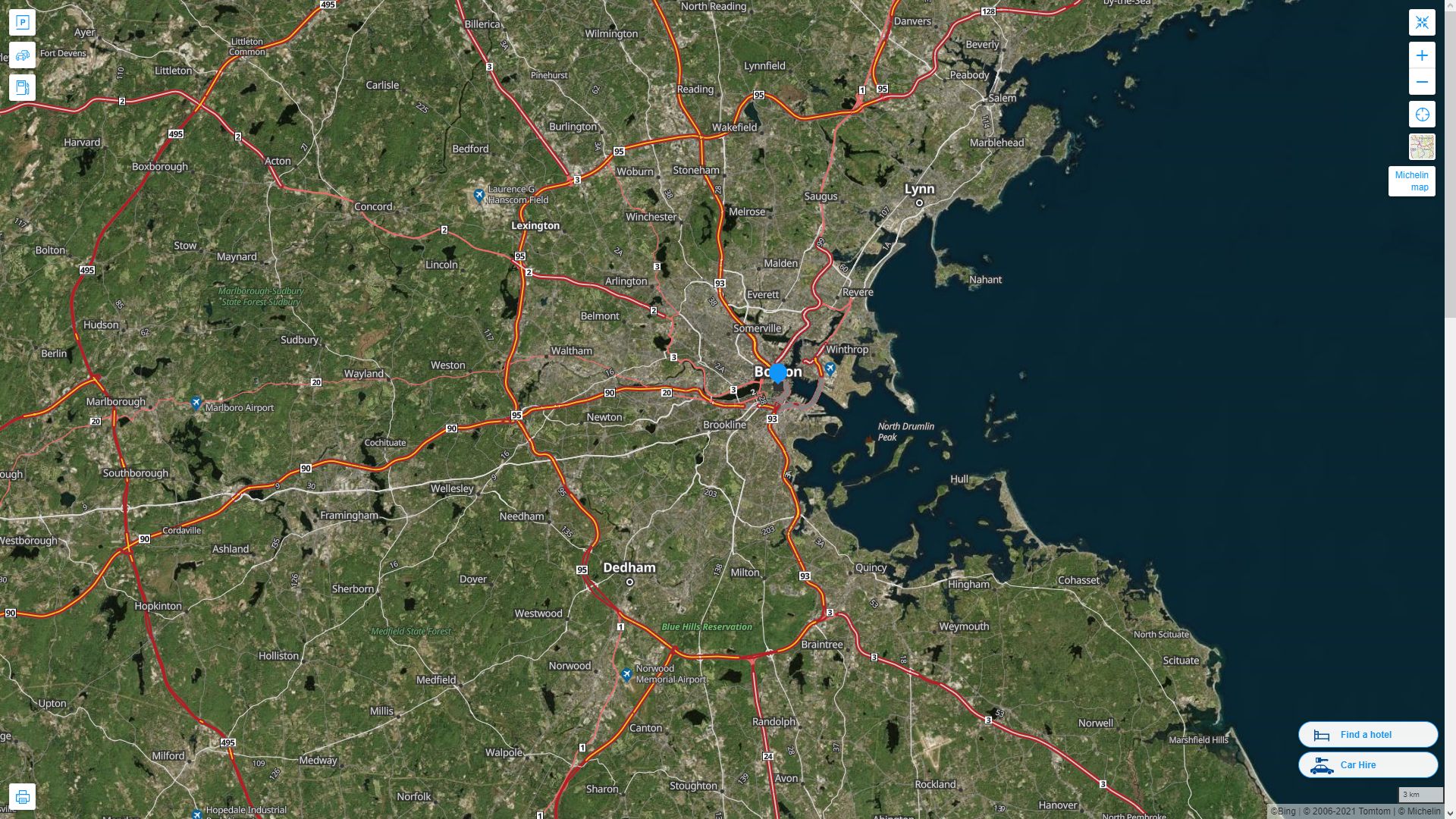 Boston Massachusetts Highway and Road Map with Satellite View